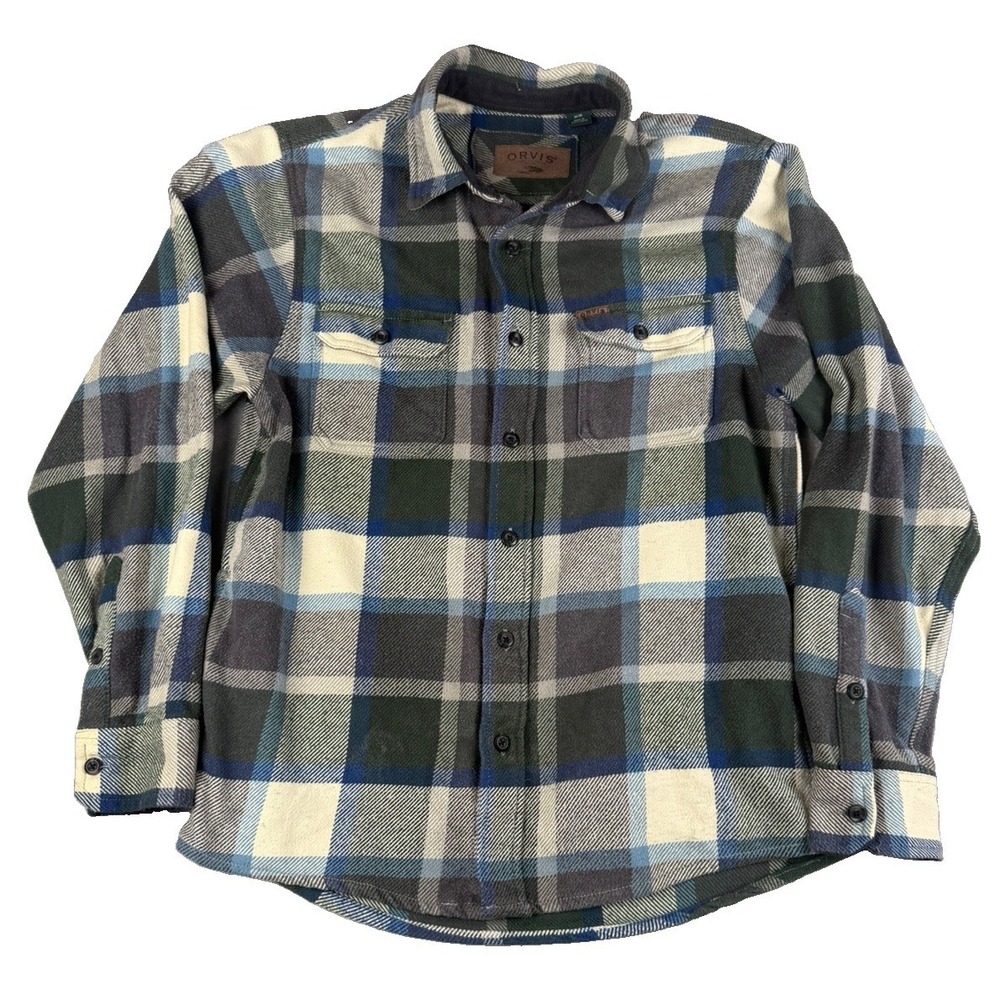Orvis Flannel Shirt Mens M Blue Green Plaid Heavyweight Cotton Outdoor Shacket